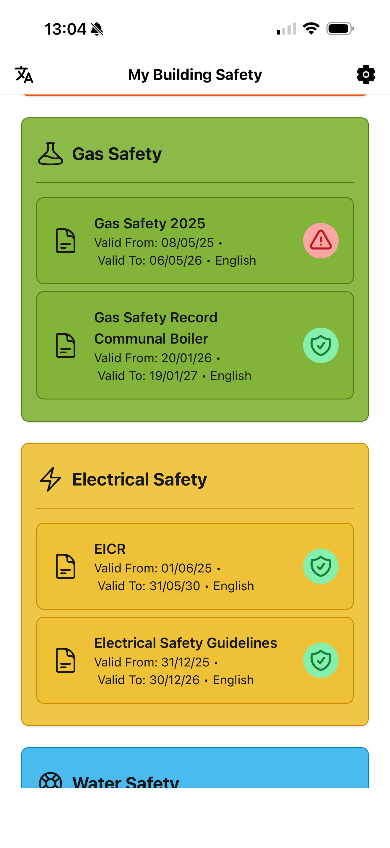 Resident app showing gas and electrical safety records with validity dates