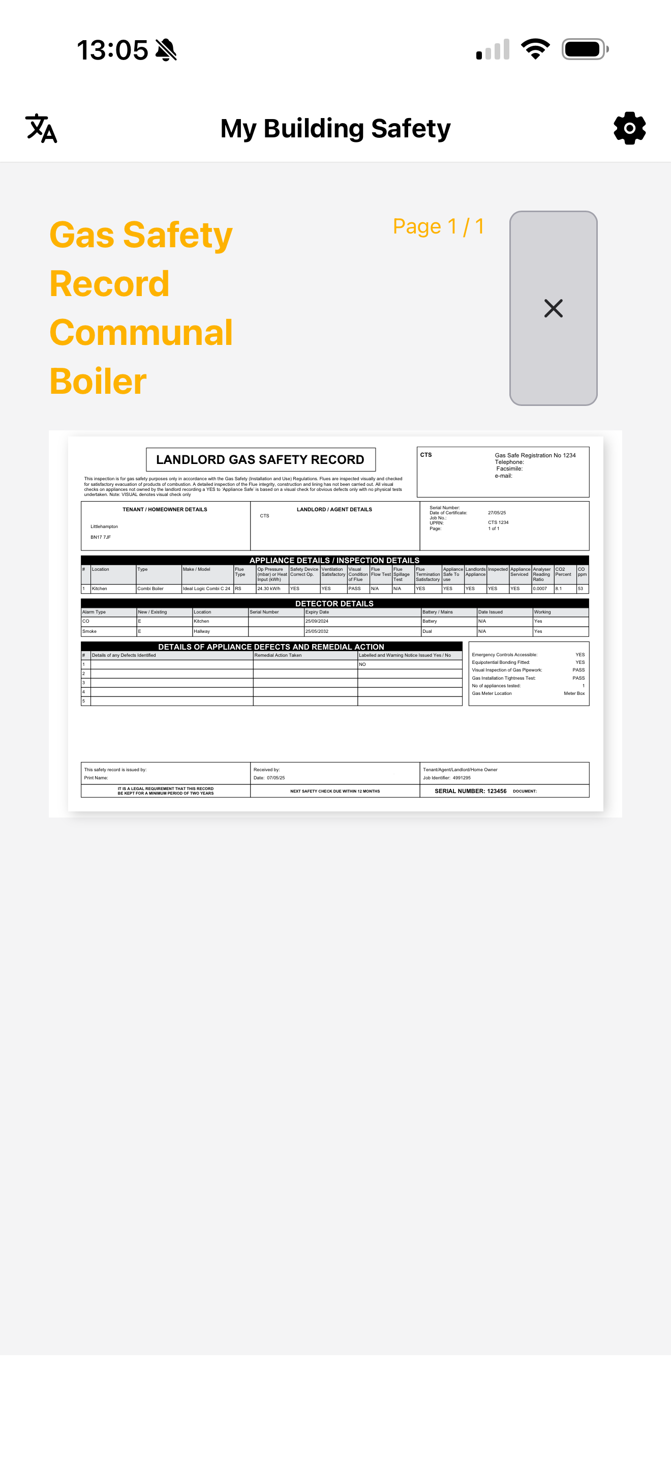 Resident app showing a landlord gas safety record document