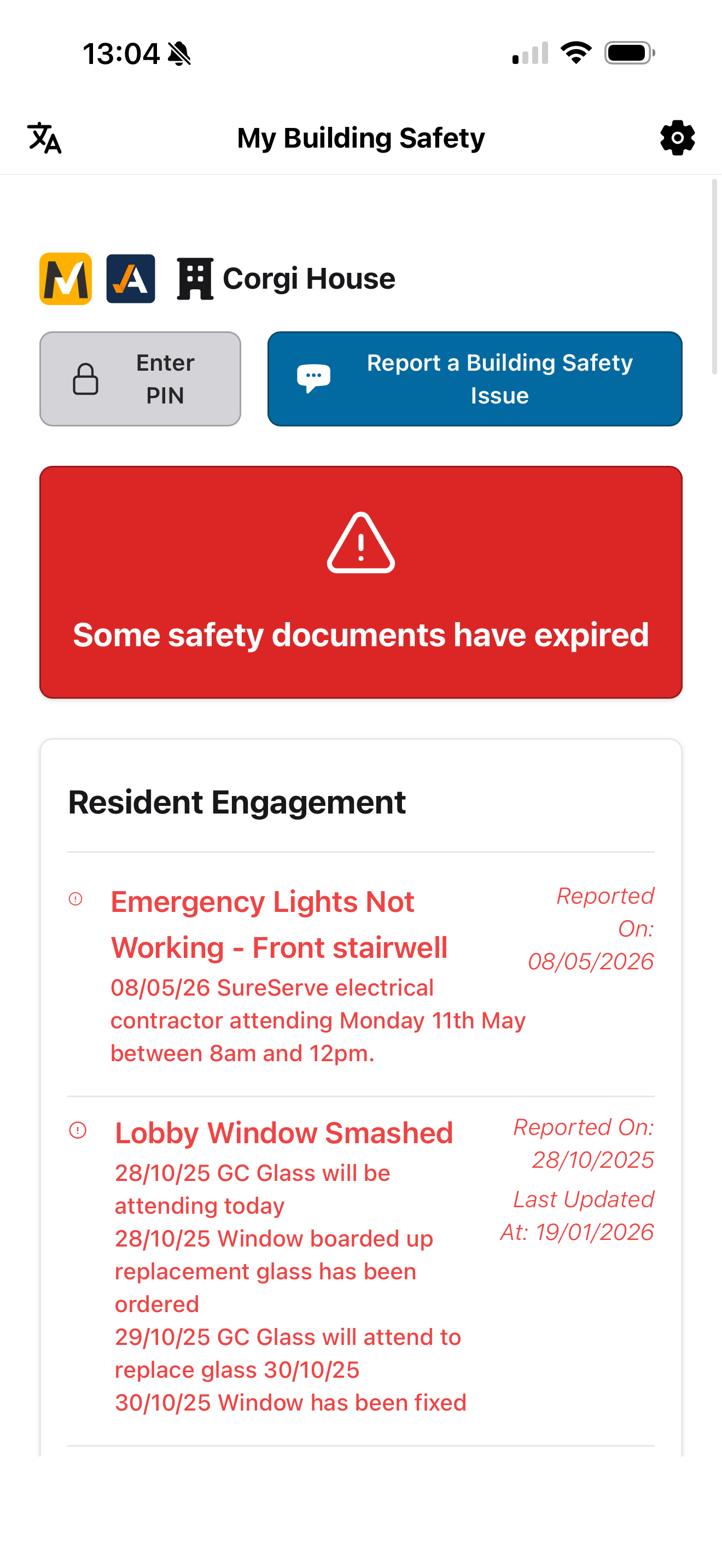 Resident app home showing building safety alerts and resident engagement updates