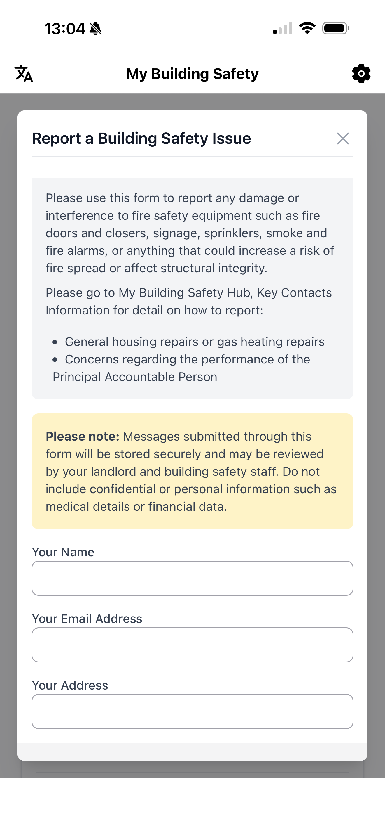 Resident app form to report a building safety issue